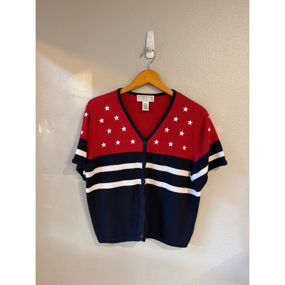 Norton Studio Cardigan Women Large Americana Stars Stripes Red Navy Short Sleeve